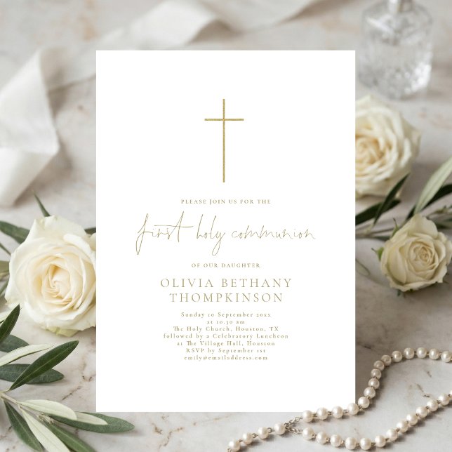 Elegant Gold Text Cross First Holy Communion Invitation (Creator Uploaded)