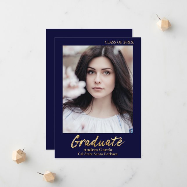 Elegant Gold Text Dark Blue Graduate Photo Announcement (Front/Back In Situ)