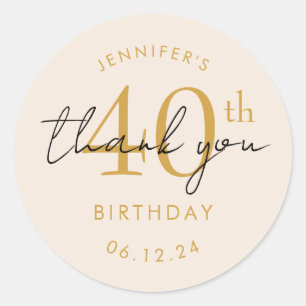 Elegant Gold "Thank You" 40th Birthday Champagne  Classic Round Sticker