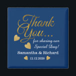 Elegant Gold Thank You Blue Wedding Favour  Magnet<br><div class="desc">Elegant and stylish wedding favour magnets with gold thank you typography and golden hearts.Personalize with bride and groom names and wedding date.</div>