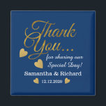 Elegant Gold Thank You Blue Wedding Favour  Magnet<br><div class="desc">Elegant and stylish wedding favour magnets with gold thank you typography and golden hearts.Personalize with bride and groom names and wedding date.</div>