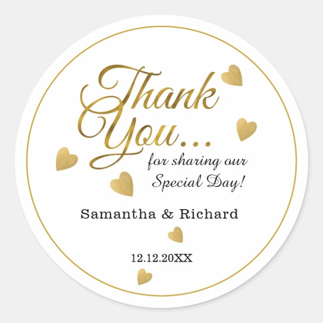 Elegant Gold Thank You Heart Wedding  Favour Classic Round Sticker (Front)
