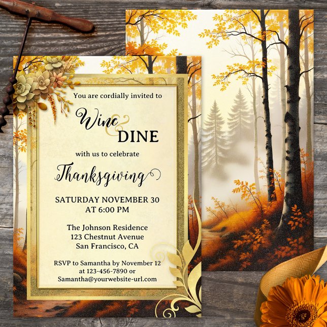 Elegant Gold  Thanksgiving Dinner Party  Invitation (Thanksgiving dinner party invitation featuring a gold stylized design with leaves and forest path)