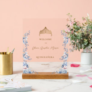Elegant Gold Tiara Blue Floral Quinceañera Acrylic Sign