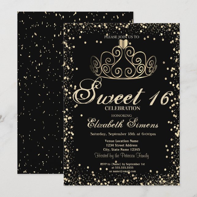 Elegant Gold Tiara Confetti Diamonds Sweet 16 Invitation (Front/Back)