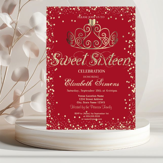 Elegant Gold Tiara Diamonds Confetti Red Sweet 16 Invitation (Creator Uploaded)