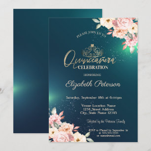 Elegant Gold Tiara Floral Quinceañera Invitation