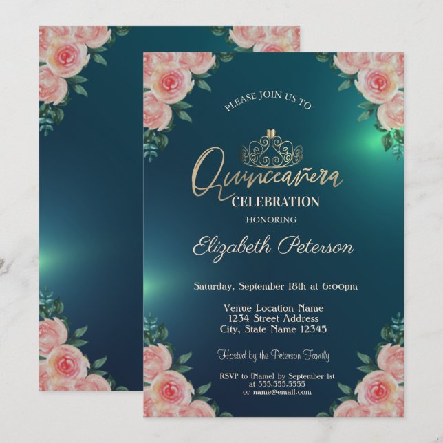 Elegant Gold Tiara Floral Roses Quinceañera Invitation (Front/Back)