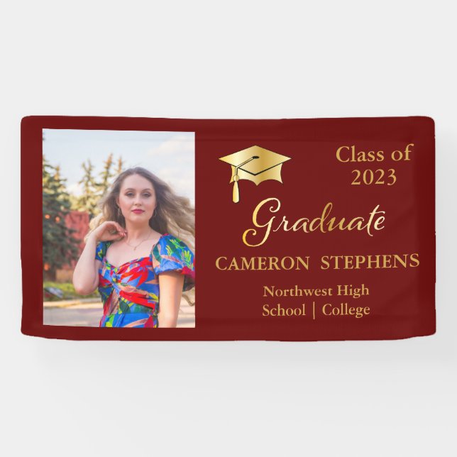 Elegant Gold Tone on Maroon Graduate Photo Banner (Horizontal)