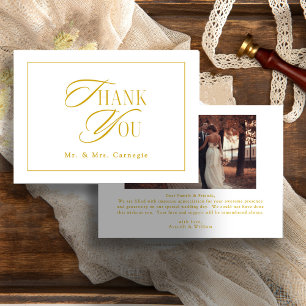 Elegant Gold-Tone Script Wedding Photo Thank You Card