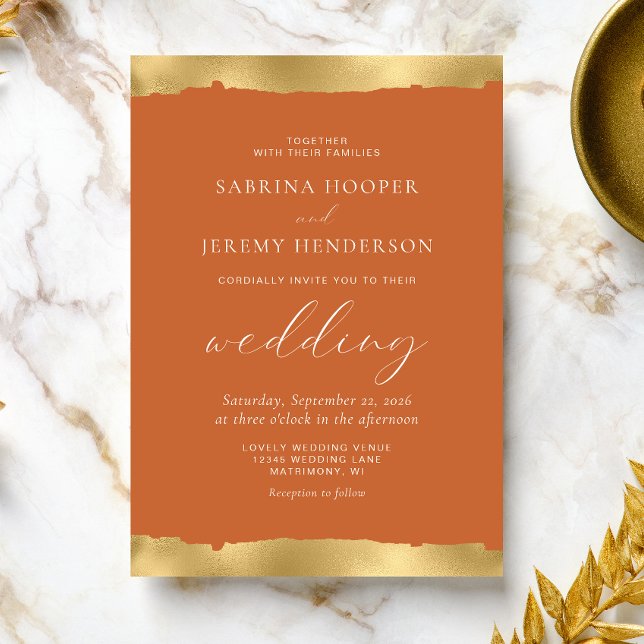 Elegant Gold Torn Edge Burnt Orange Wedding Invitation (Creator Uploaded)