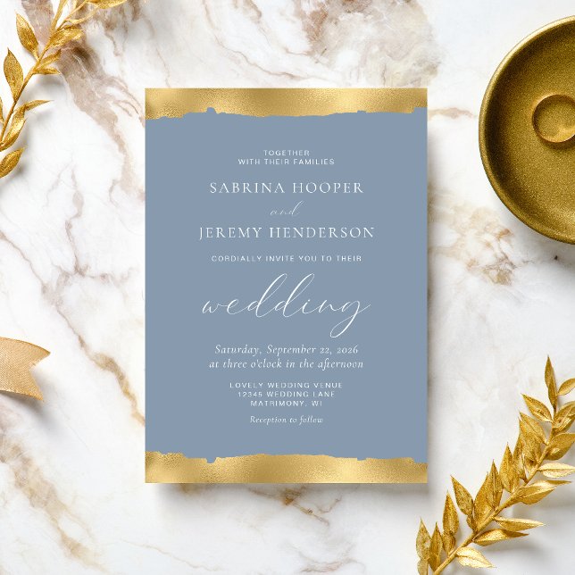 Elegant Gold Torn Edge Dusty Blue Wedding Invitation (Creator Uploaded)