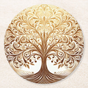 Elegant Gold Tree of Life Celebration Namaste Round Paper Coaster