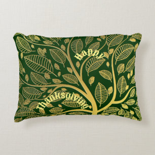 Elegant Gold Tree Of Life Green Happy Thanksgiving Accent Pillow