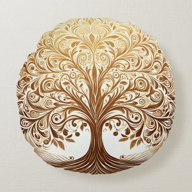 Elegant Gold Tree of Life Spiritual Zen Round Pillow (Front)