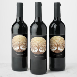 Elegant Gold Tree of Life Zen Yoga Namaste Wine Label