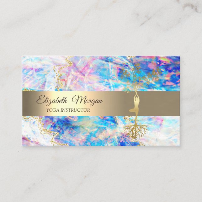 Elegant Gold Tree Yoga Instructor Opal Holographic Business Card (Front)