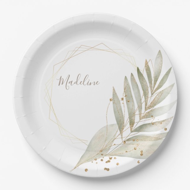 Elegant Gold Trim and Greenery with Custom Name Paper Plate (Front)