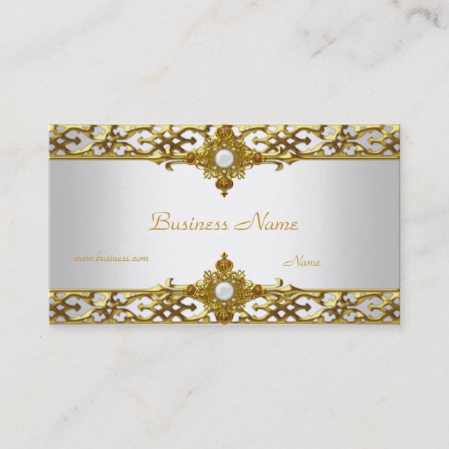 Elegant Gold Trim Pearl Jewel Business Card (Front)