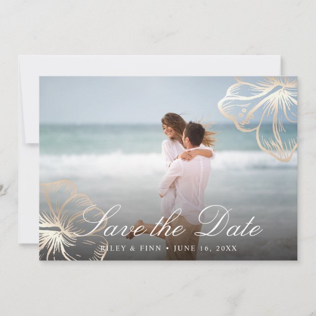 Elegant Gold Tropical Hibiscus Floral Photo Save The Date (Front)