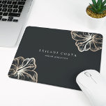 Elegant Gold Tropical Hibiscus Flower Mouse Pad<br><div class="desc">Island chic personalized mousepad for your business or home office features two lines of custom text in classic white lettering,  on a soft black background adorned with two tropical hibiscus flower illustrations in faux gold foil for a beach glam look.</div>