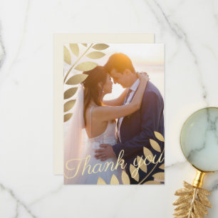 Elegant Gold Tropical Leaves Photo Wedding Thank You Card