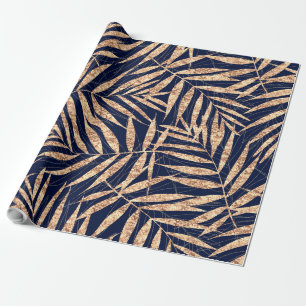 Elegant Gold Tropical Palm Leaves Blue Design Wrapping Paper