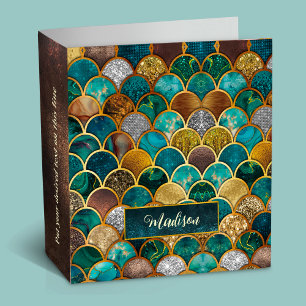 Elegant gold turquoise green girly mermaid scales  binder