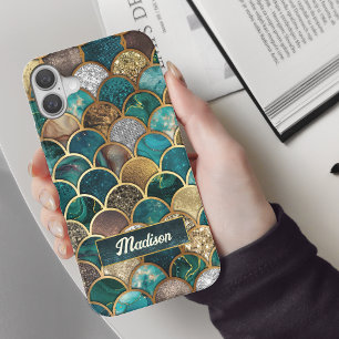 Elegant gold turquoise green girly mermaid scales  iPhone 16 case