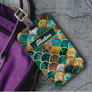 Elegant gold turquoise green girly mermaid scales luggage tag