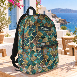 Elegant gold turquoise green girly mermaid scales printed backpack