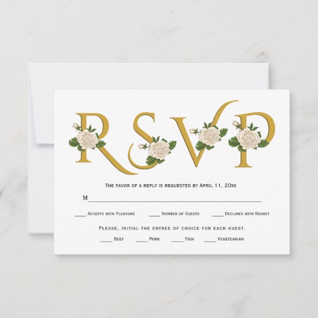 Elegant gold typography and white roses RSVP card (Front)