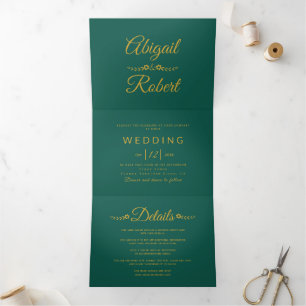 Elegant gold typography evergreen photo wedding  Tri-Fold invitation