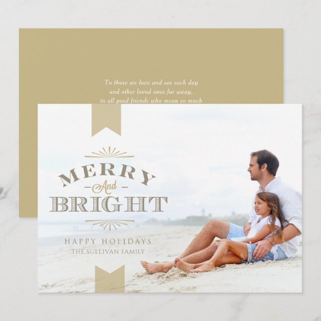 Elegant Gold Typography Merry and Bright Photo Holiday Card (Front/Back)