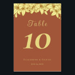 Elegant Gold Typography Terracotta Wedding Table Number<br><div class="desc">Elegant wedding table cards featuring the table number, your names, and your wedding date in beautiful gold typography on a terracotta background. The card prints on the front and back (double-sided). Items are printed exactly as they appear on your screen when you add to the cart, so personalize and add...</div>