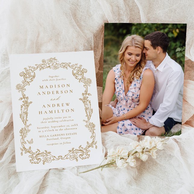 Elegant Gold Victorian Floral Photo Wedding Invitation (Creator Uploaded)