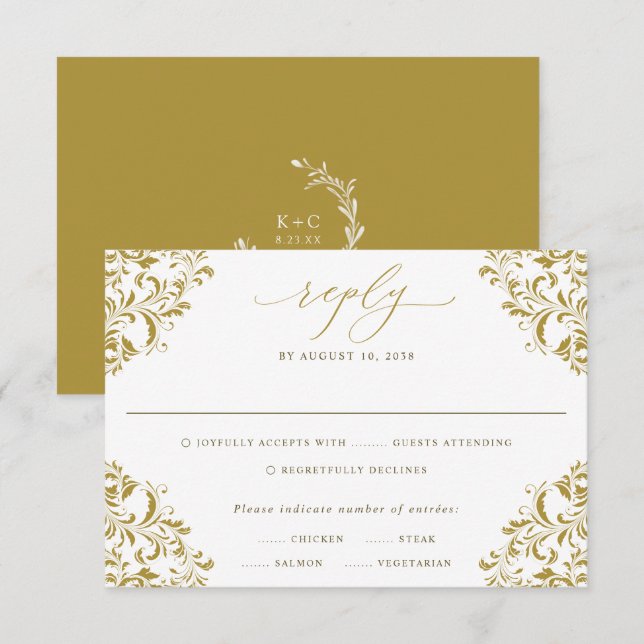 Elegant Gold Vintage Classic Wedding RSVP Card (Front/Back)