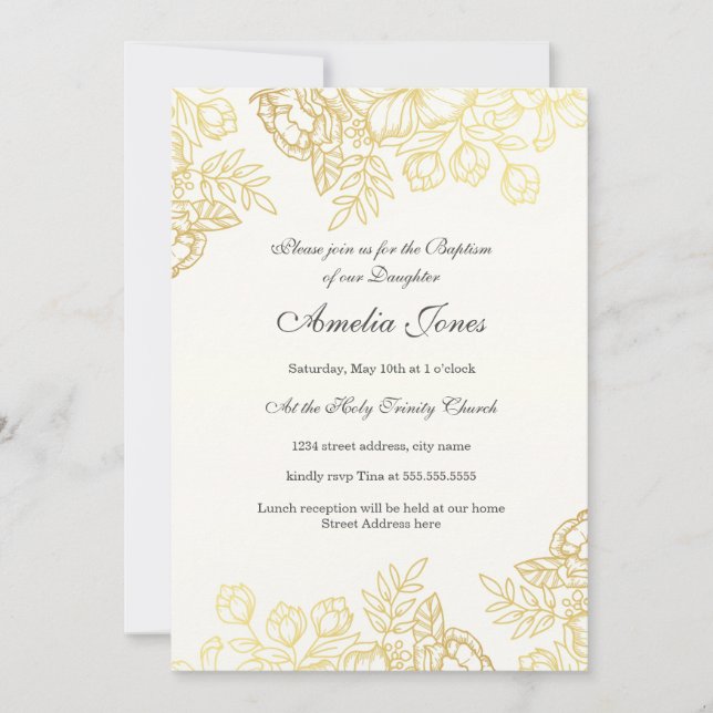 Elegant Gold Vintage Floral Baptism Invitation (Front)