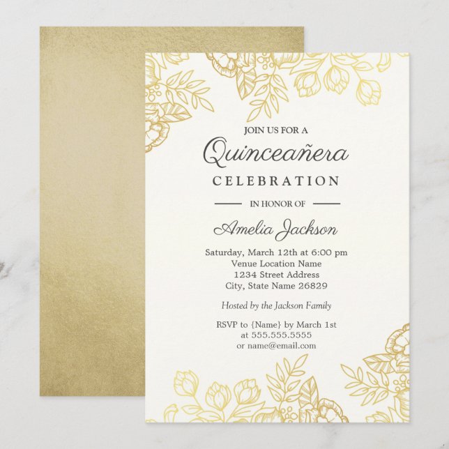 Elegant Gold Vintage Floral Quinceanera Invite (Front/Back)