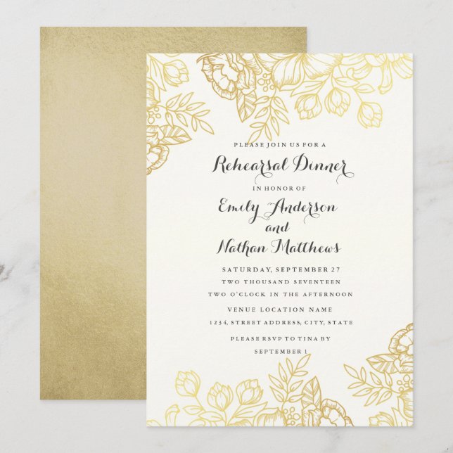 Elegant Gold Vintage Floral Rehearsal Dinner Invitation (Front/Back)