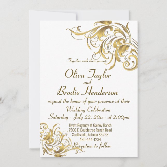 Elegant Gold Vintage Swirls Wedding Invitation (Front)