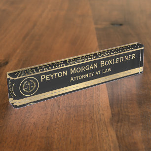 Elegant Gold w Black and Scales of Justice Lawyer Nameplate