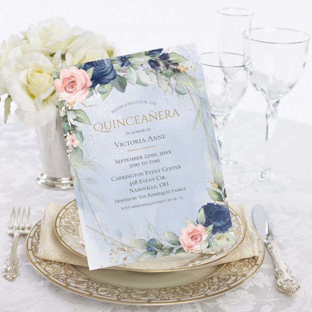 Elegant Gold Watercolor Blue Pink Quinceañera Invitation (Creator Uploaded)