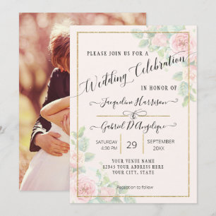 Elegant Gold Watercolor Floral Script Wedding Invi Invitation
