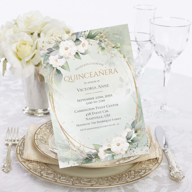 Elegant Gold Watercolor Green Quinceañera Invitation (Creator Uploaded)