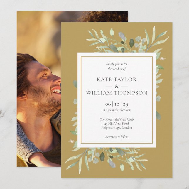 Elegant Gold Watercolor Greenery Photo Wedding Invitation (Front/Back)