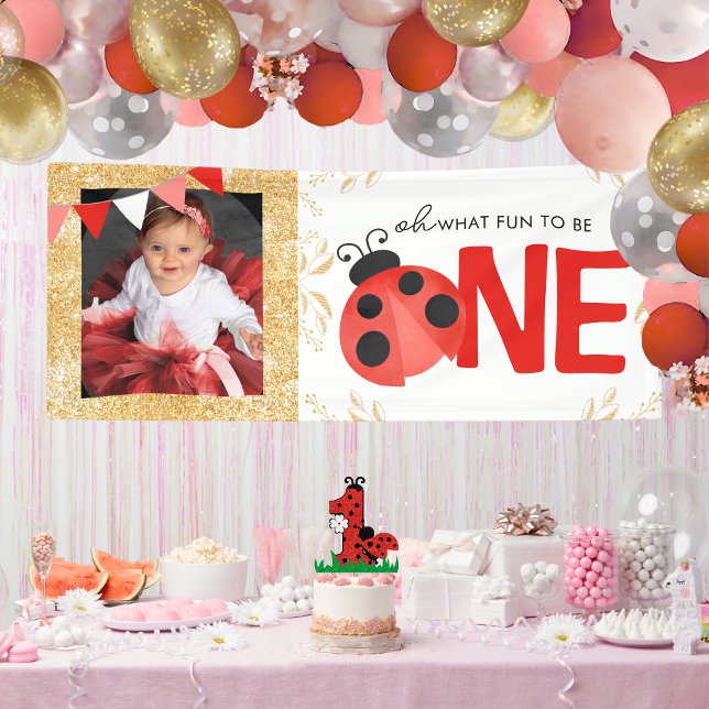 Elegant Gold Watercolor Ladybug ONE Photo Party Banner (Oh What Fun to Be ONE Watercolor Ladybug Hanging Photo Birthday Vinyl Banner with Gold Accents)