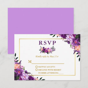 Elegant Gold Watercolor Purple Floral Wedding RSVP Card