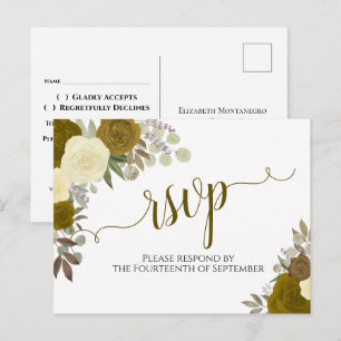 Elegant Gold Watercolor Roses Wedding RSVP Postcard