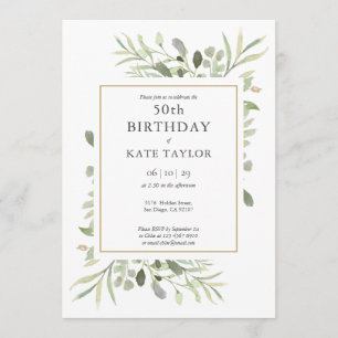 Elegant Gold Watercolour Greenery 50th Birthday Invitation